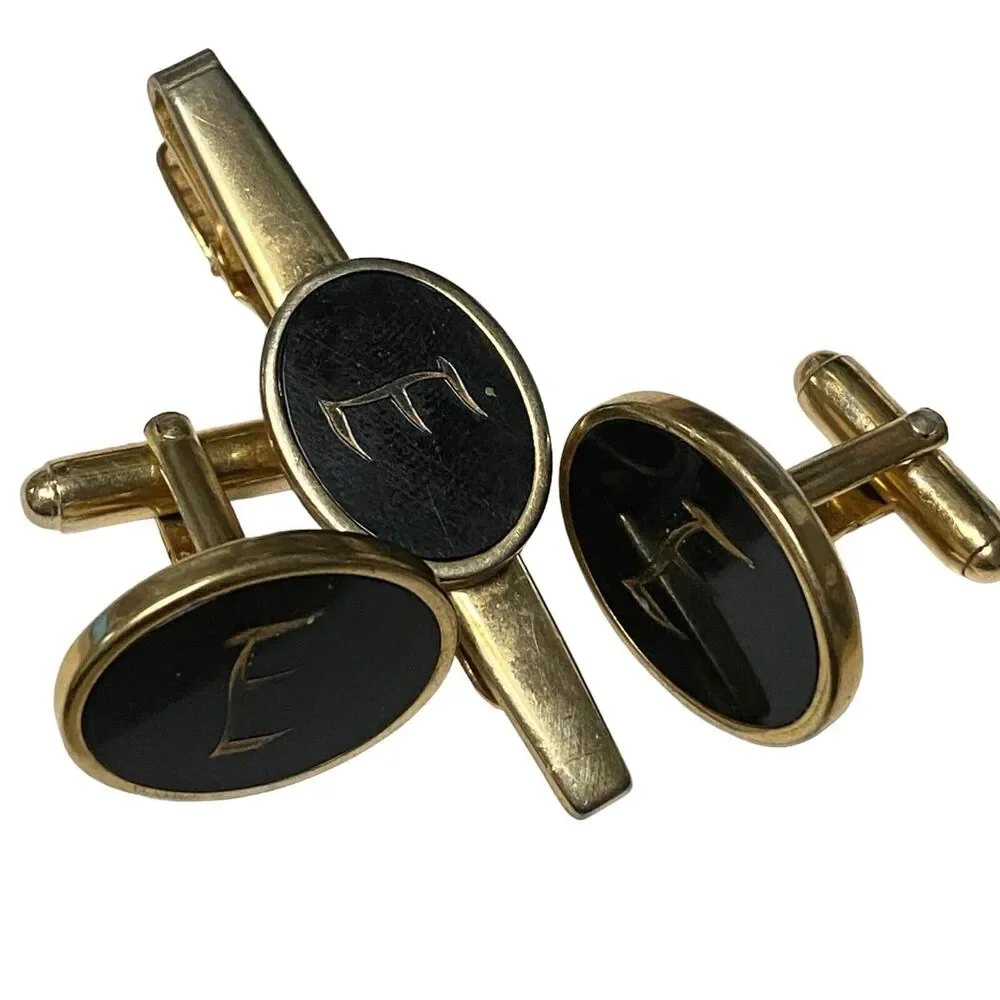 Anson Men's Cufflinks Set Tie Bar CLIP Black and Gold Tone Initial E